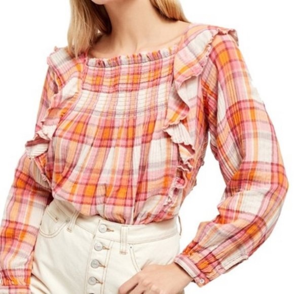 FREE PEOPLE Siena Plaid Pullover Cotton Smocked Ruffle Blouse S - Picture 2 of 9